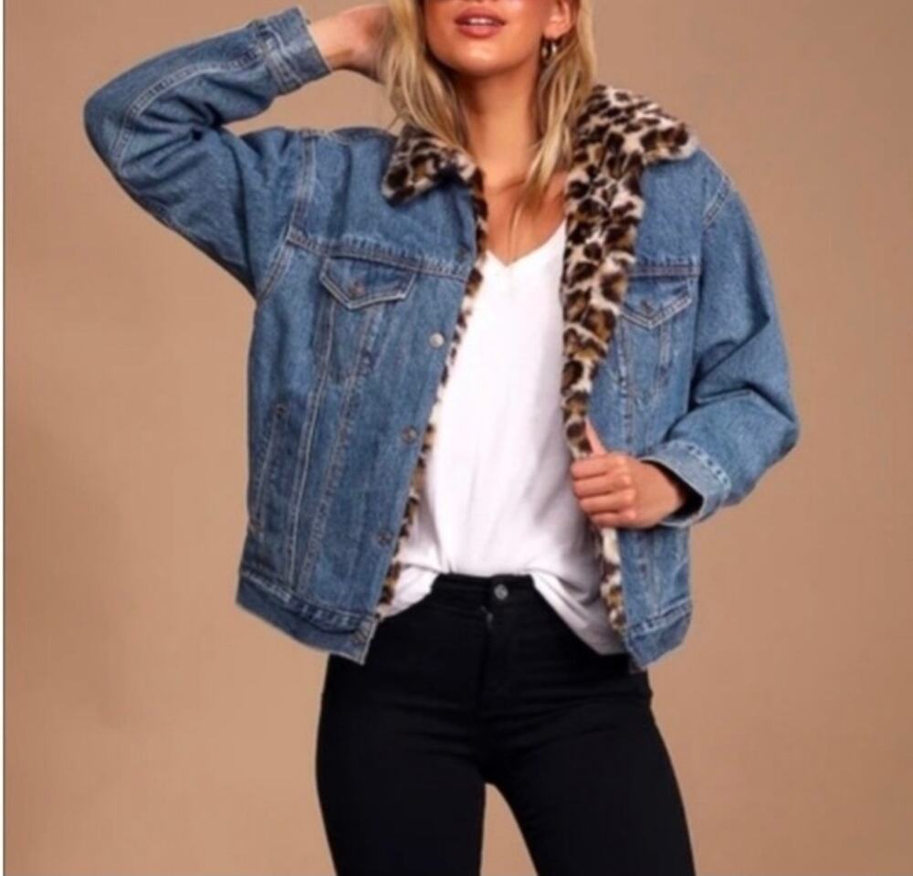 Levi's Leopard Faux Fur Lined Reversible 90s Denim Trucker Jacket Women's XS